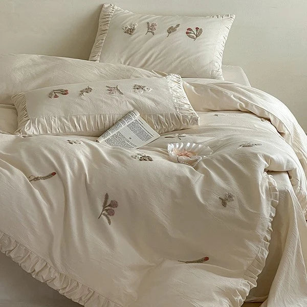 Duvet Cover Set 100% Cotton Floral Embroidery