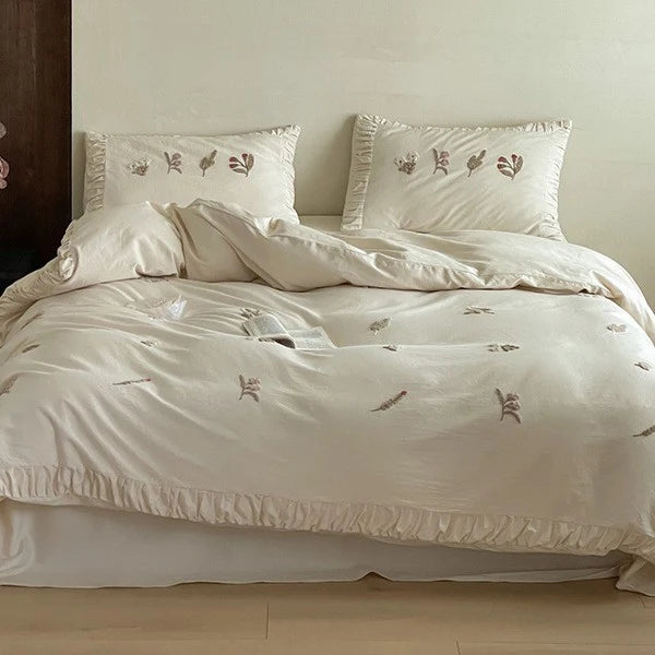 Duvet Cover Set 100% Cotton Floral Embroidery