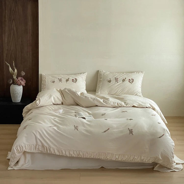 Duvet Cover Set 100% Cotton Floral Embroidery