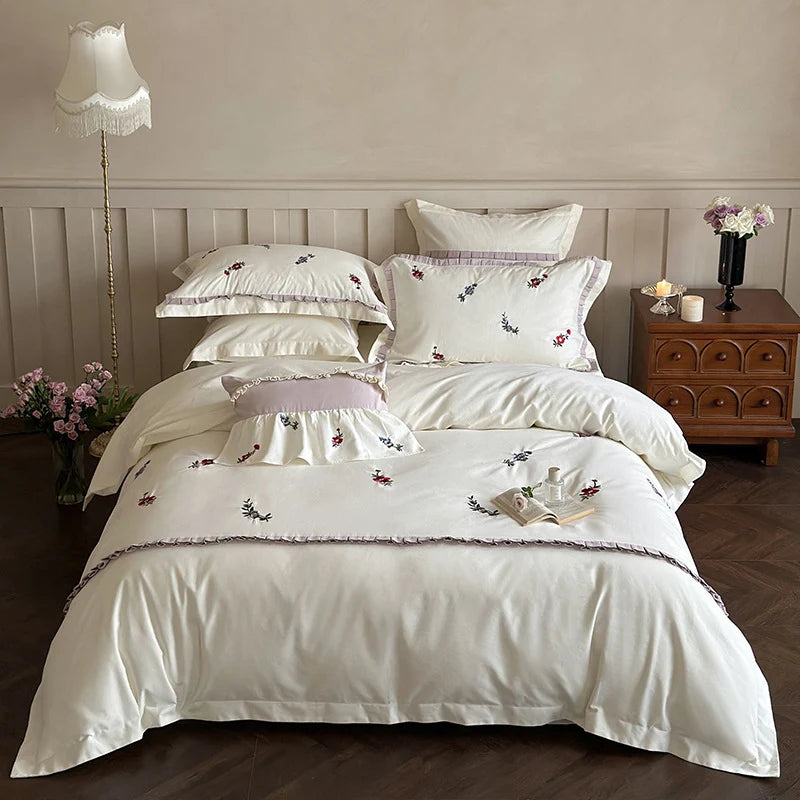 Duvet Cover Set 4-Piece Cotton Satin Embroidered Wildflower