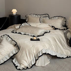 Duvet Cover Set 4-Piece Reversible Jacquard Ruffle Border