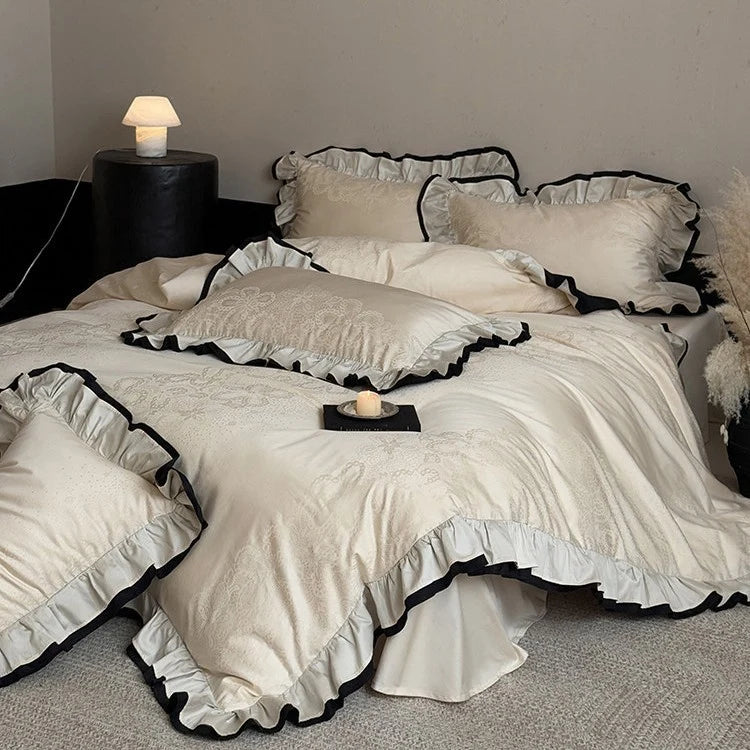 Duvet Cover Set 4-Piece Reversible Jacquard Ruffle Border