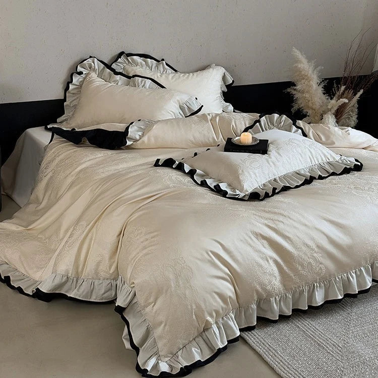 Duvet Cover Set 4-Piece Reversible Jacquard Ruffle Border