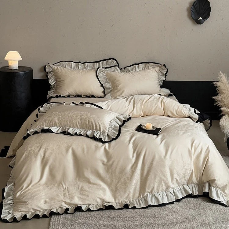 Duvet Cover Set 4-Piece Reversible Jacquard Ruffle Border