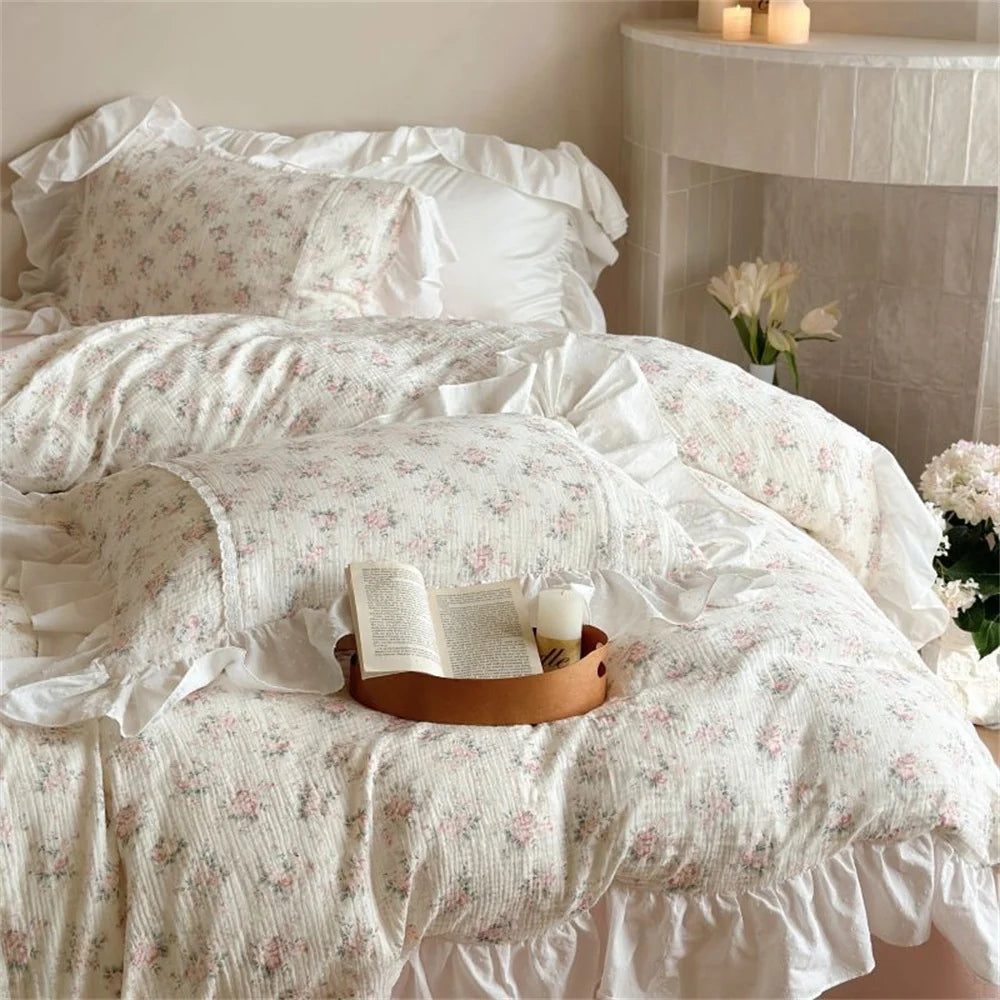 Duvet Cover Set Breathable Cotton-Linen Floral Ruffle