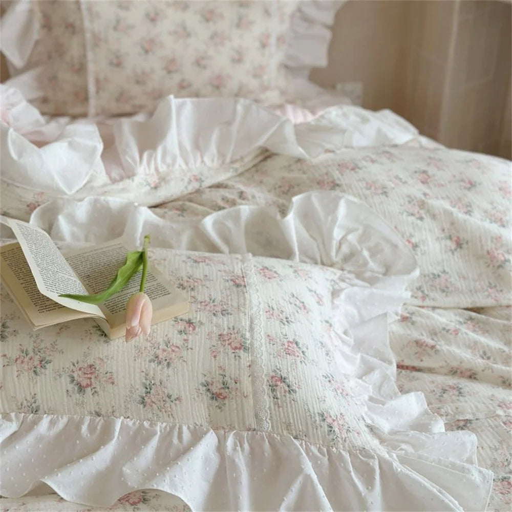 Duvet Cover Set Breathable Cotton-Linen Floral Ruffle
