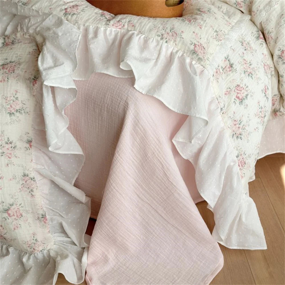 Duvet Cover Set Breathable Cotton-Linen Floral Ruffle