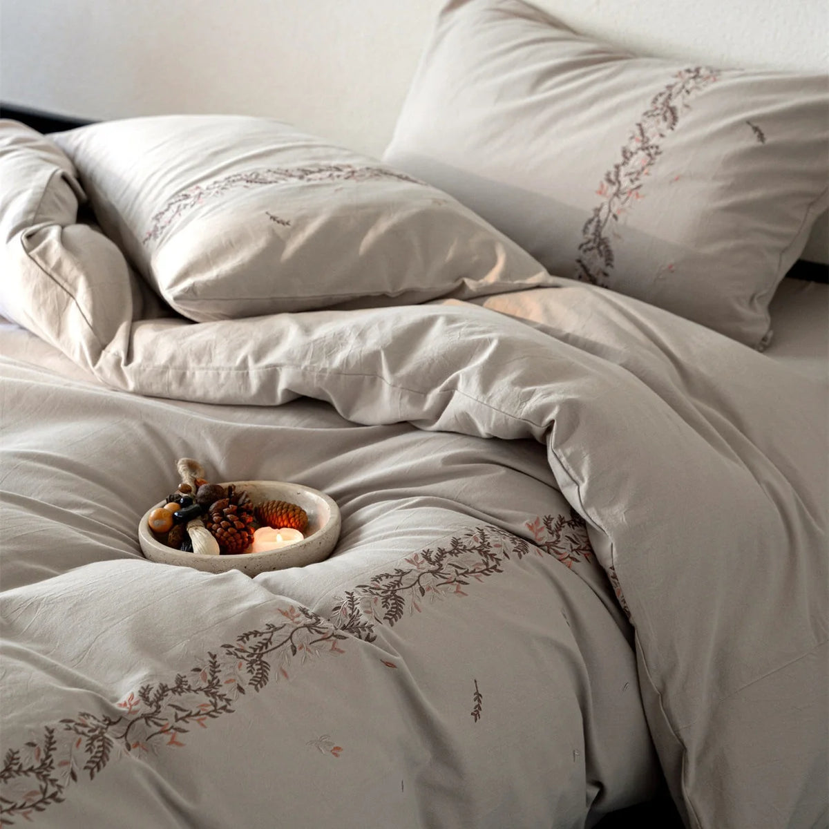 Duvet Cover Set Breathable Cotton Percale Embroidered Floral Border