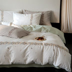 Duvet Cover Set Breathable Cotton Percale Embroidered Floral Border