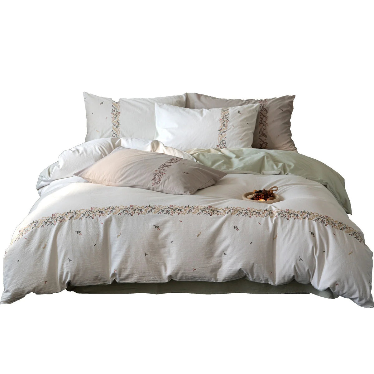 Duvet Cover Set Breathable Cotton Percale Embroidered Floral Border