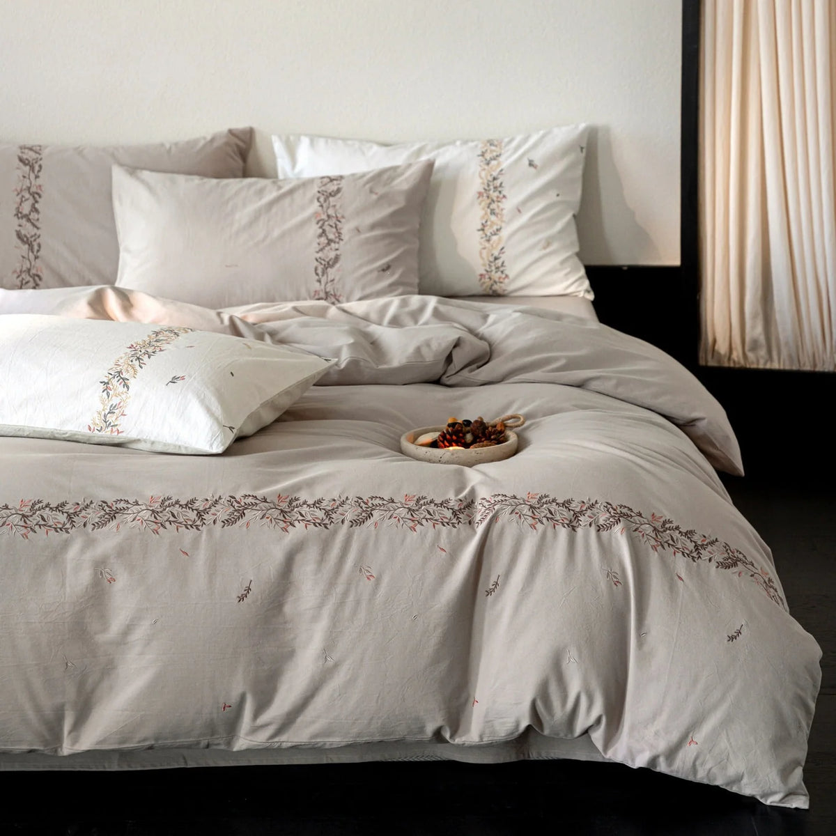 Duvet Cover Set Breathable Cotton Percale Embroidered Floral Border
