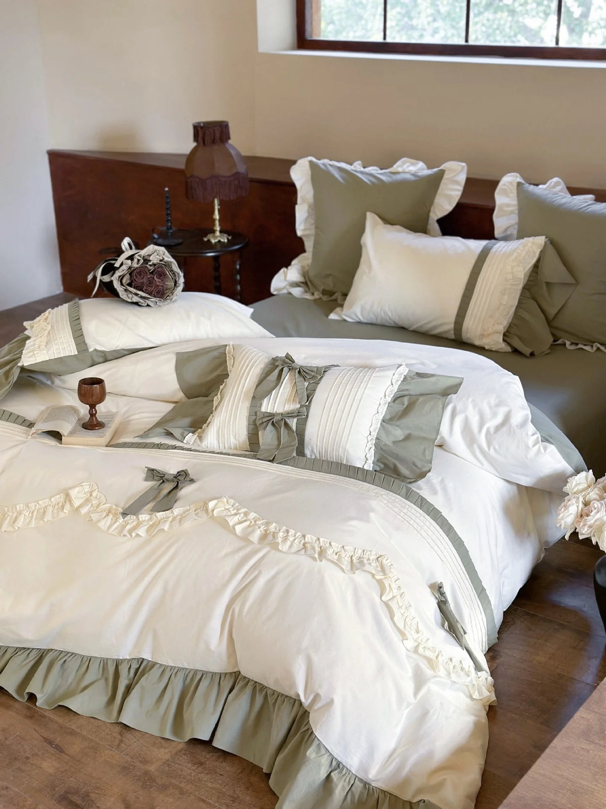 Duvet Cover Set Breathable Cotton Ruffle & Bow Trim