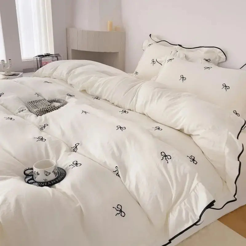 Duvet Cover Set Brushed Microfiber Ruffle & Bow Embroidery