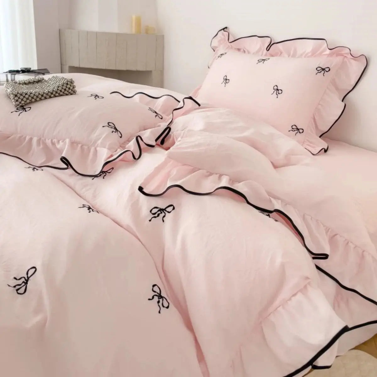 Duvet Cover Set Brushed Microfiber Ruffle & Bow Embroidery