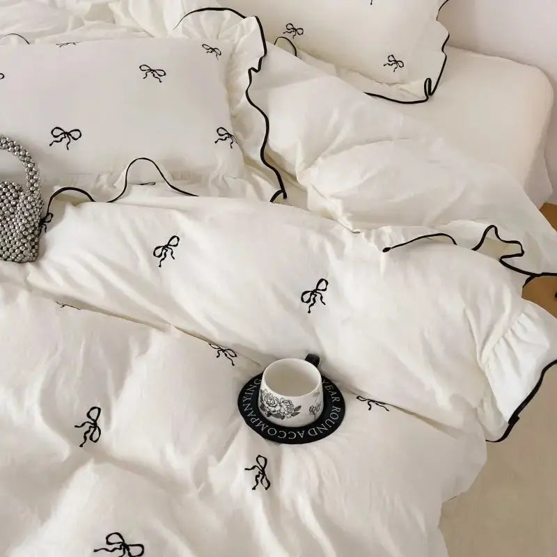 Duvet Cover Set Brushed Microfiber Ruffle & Bow Embroidery