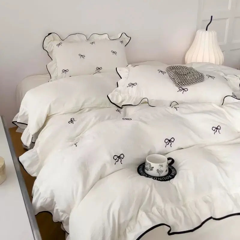 Duvet Cover Set Brushed Microfiber Ruffle & Bow Embroidery