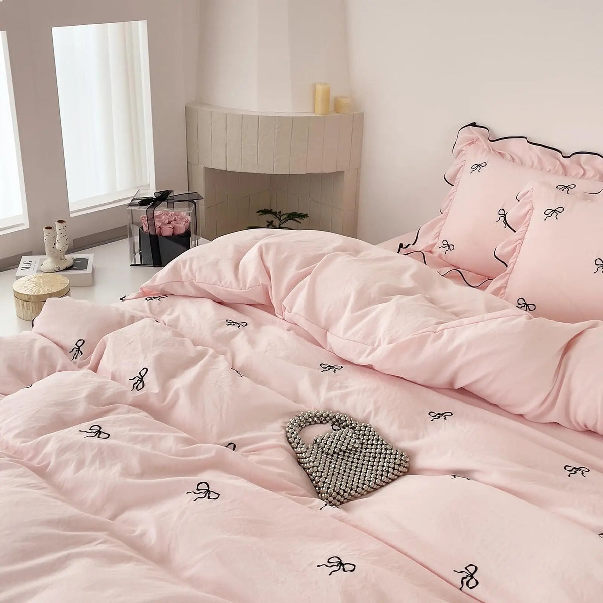 Duvet Cover Set Brushed Microfiber Ruffle & Bow Embroidery