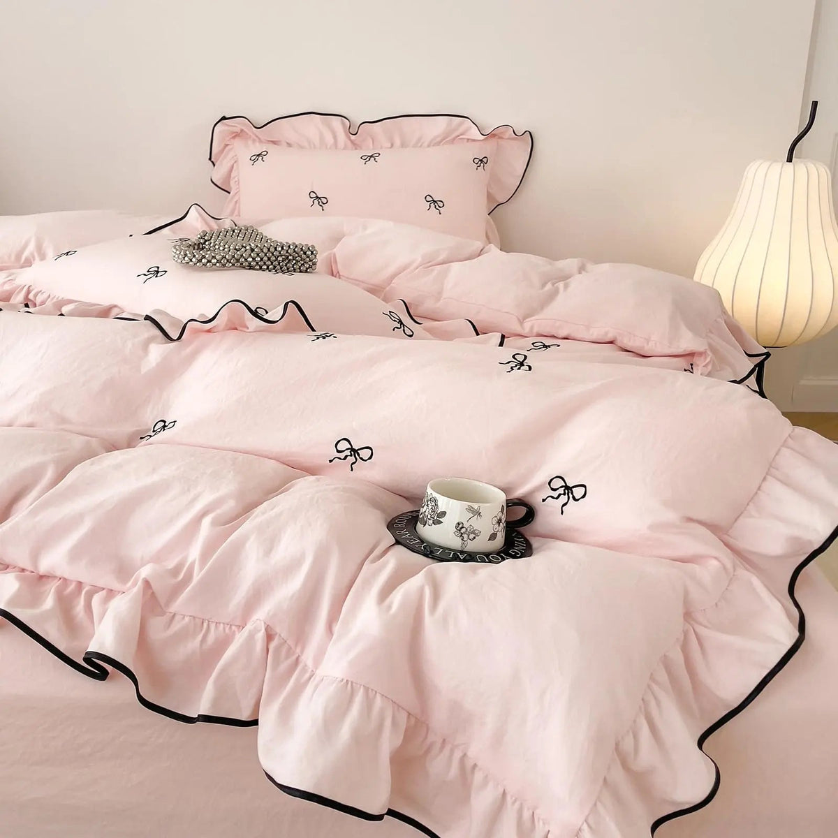 Duvet Cover Set Brushed Microfiber Ruffle & Bow Embroidery