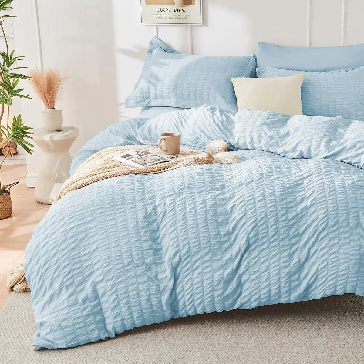 Duvet Cover Set Brushed Microfiber Seersucker Zipper Closure
