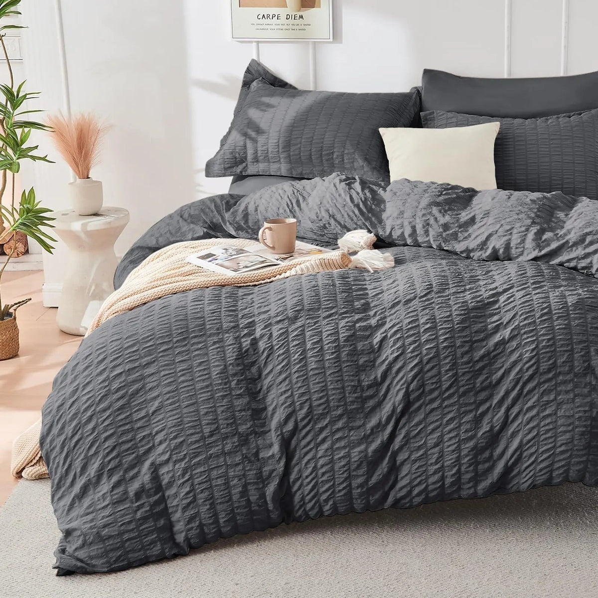 Duvet Cover Set Brushed Microfiber Seersucker Zipper Closure