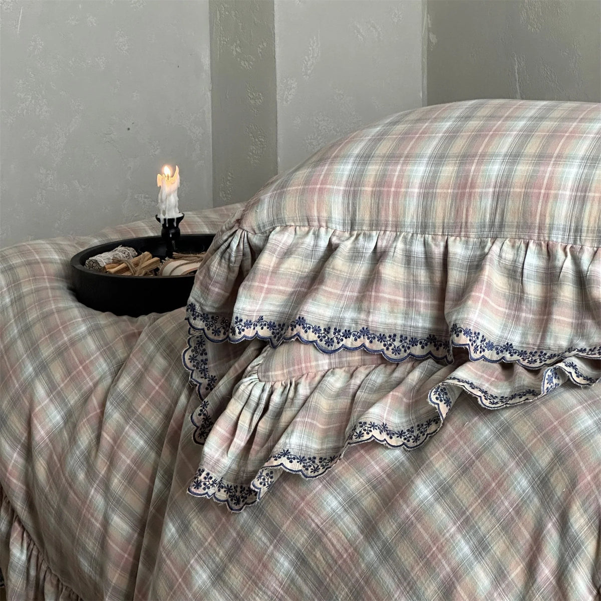 Duvet Cover Set Check Pattern Ruffle & Lace
