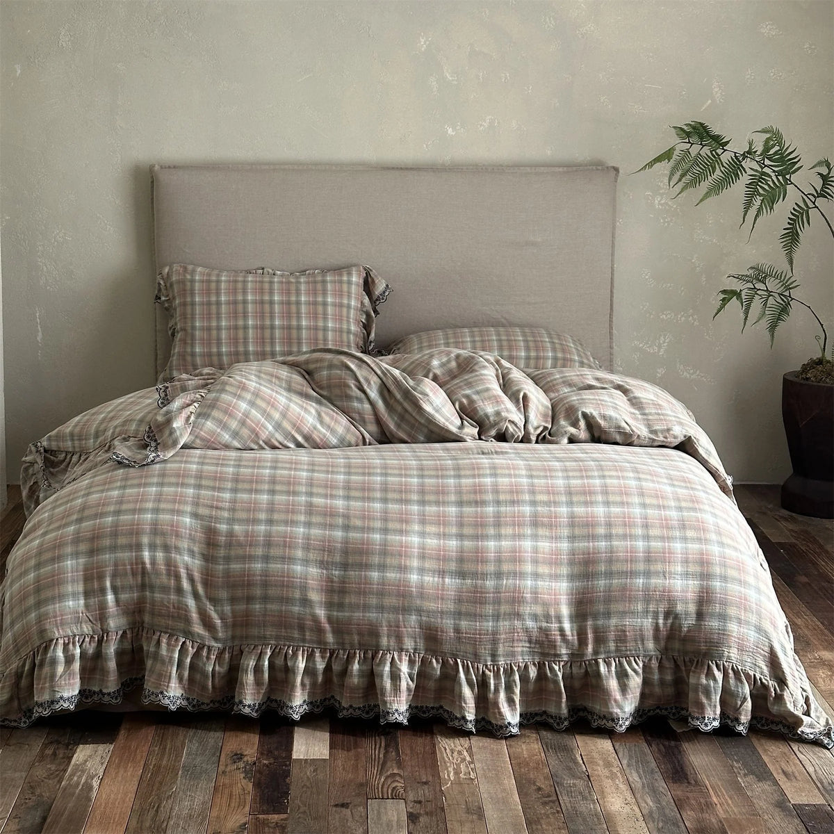 Duvet Cover Set Check Pattern Ruffle & Lace