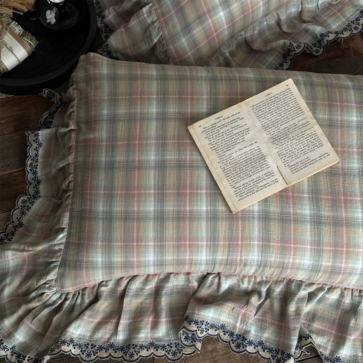 Duvet Cover Set Check Pattern Ruffle & Lace