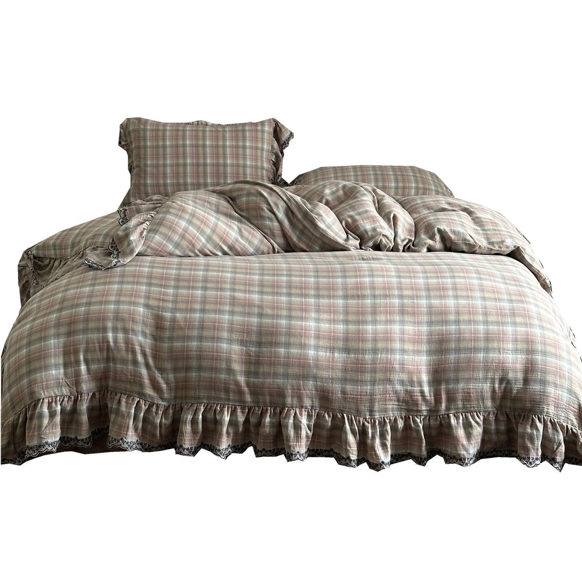 Duvet Cover Set Check Pattern Ruffle & Lace