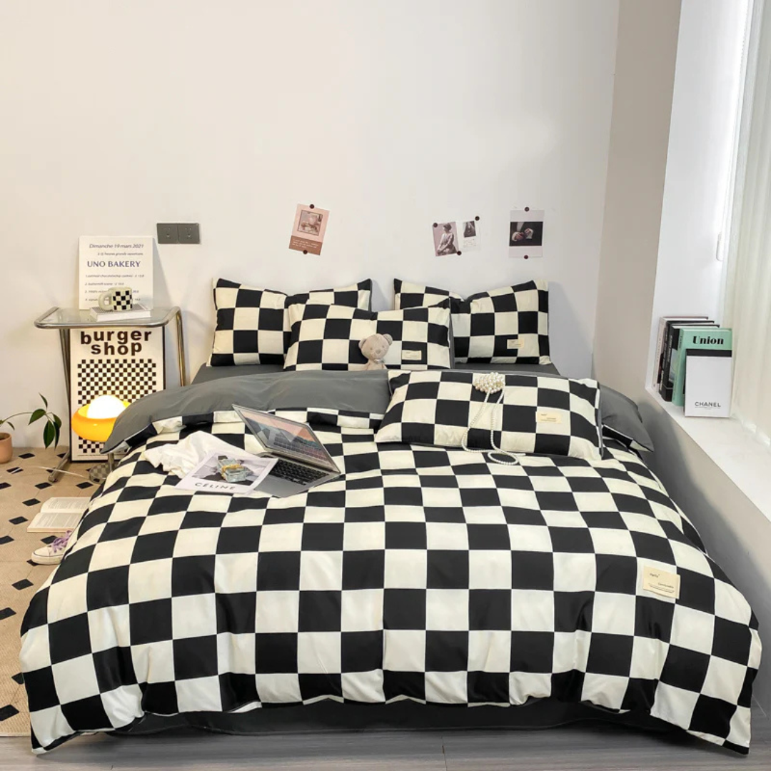 Duvet Cover Set Checkered Polyester All-Season