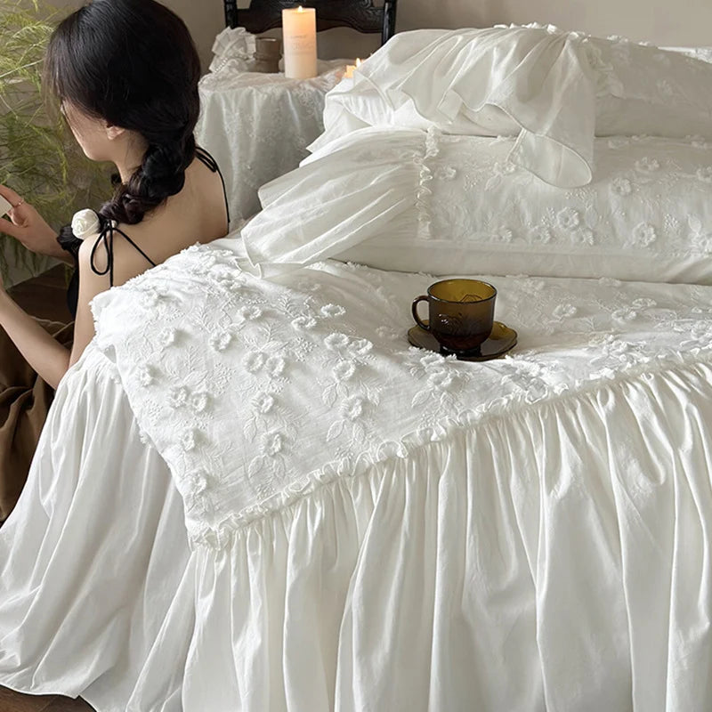 Duvet Cover Set Cotton 3D Floral Ruffled Border