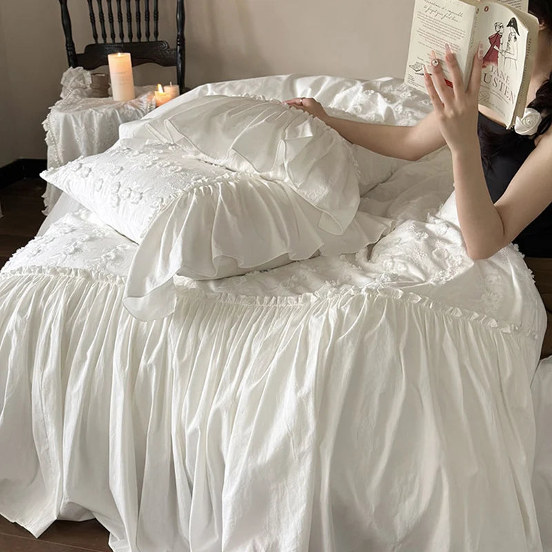 Duvet Cover Set Cotton 3D Floral Ruffled Border