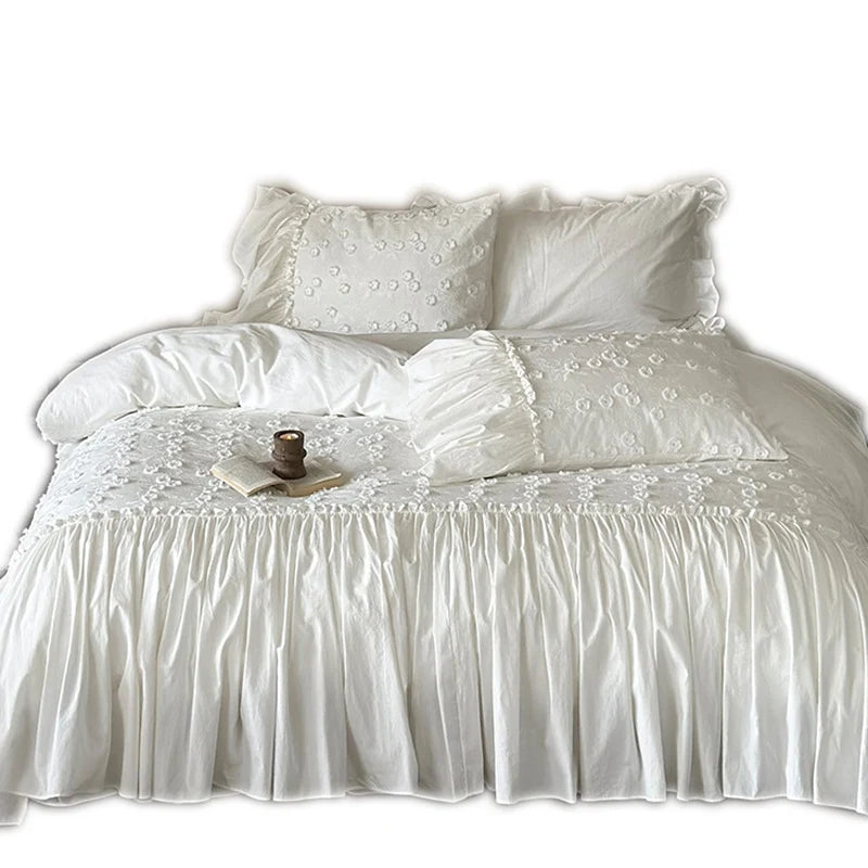 Duvet Cover Set Cotton 3D Floral Ruffled Border