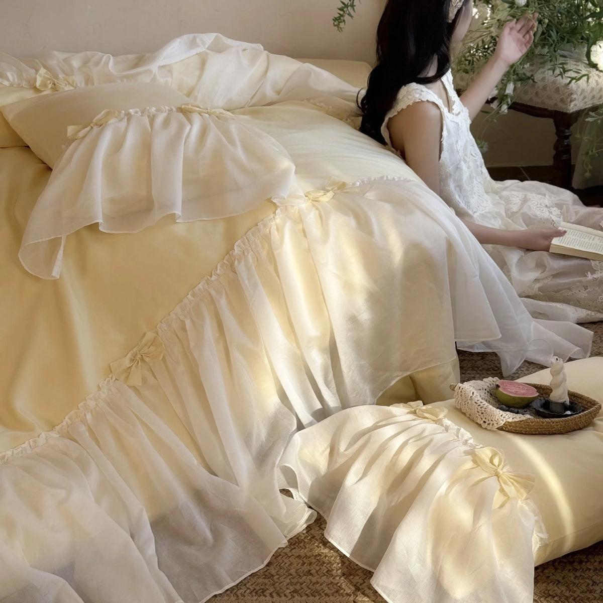 Duvet Cover Set Cotton-Blend Ruffled Bed Skirt & Bows