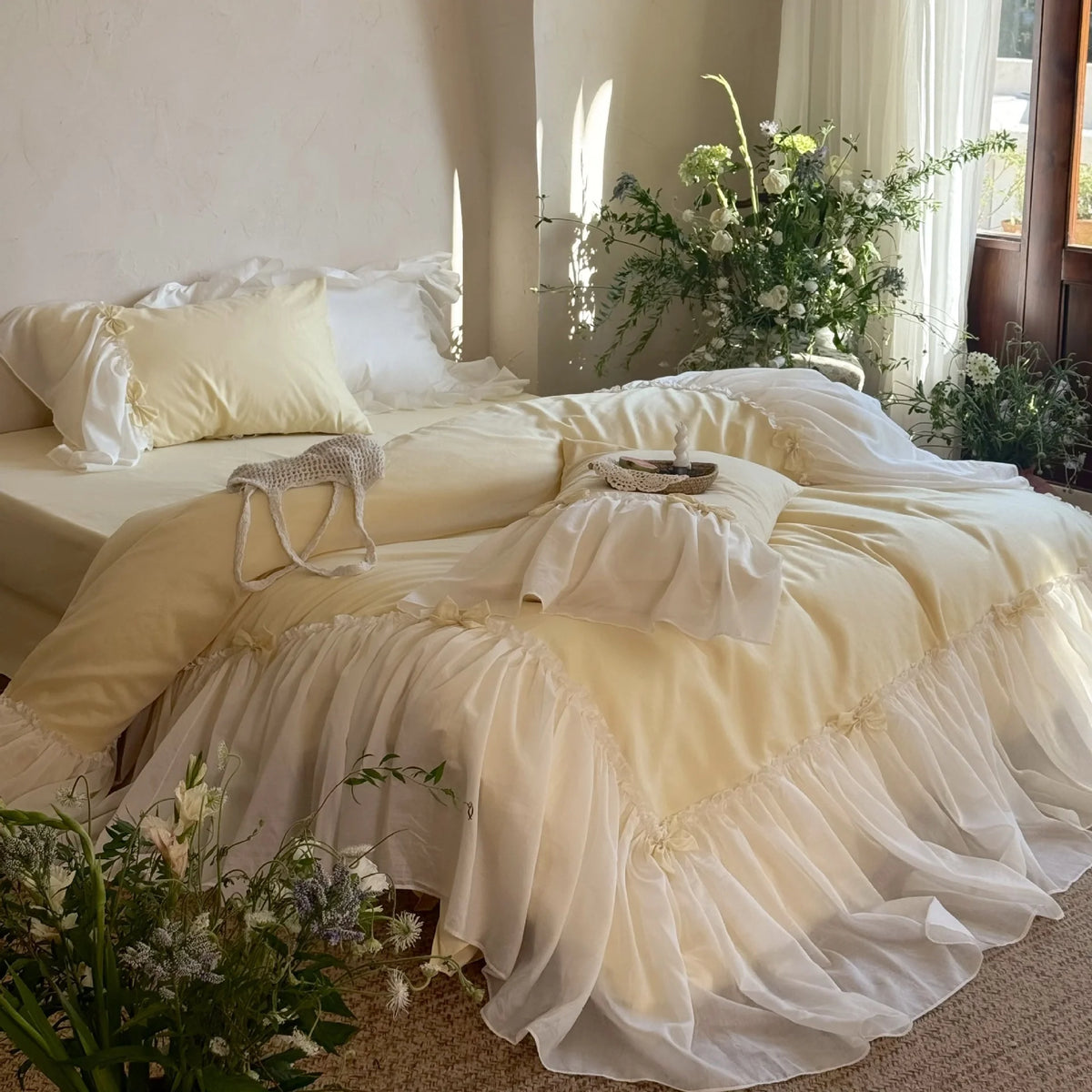 Duvet Cover Set Cotton-Blend Ruffled Bed Skirt & Bows