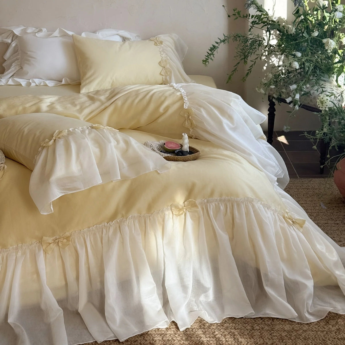 Duvet Cover Set Cotton-Blend Ruffled Bed Skirt & Bows