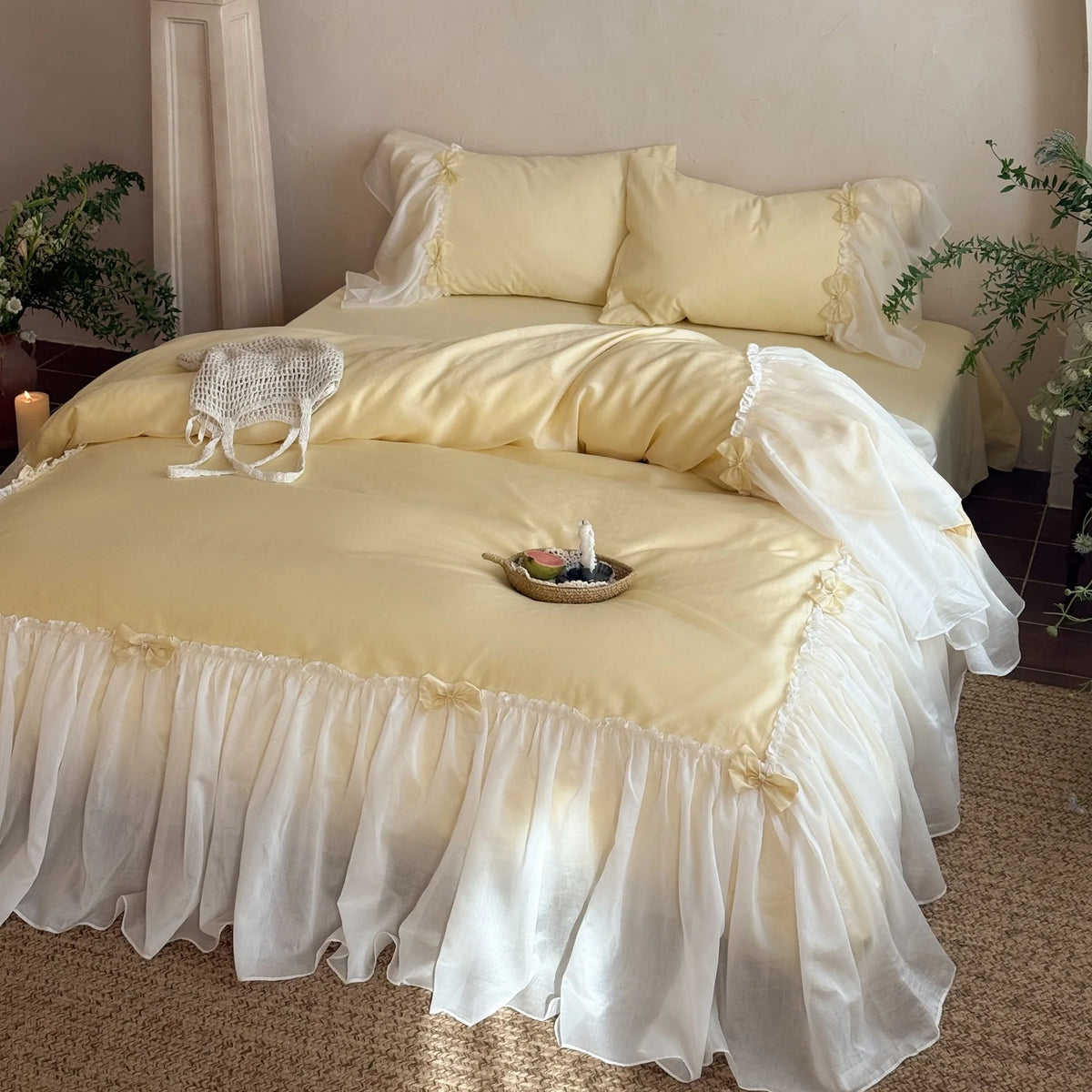 Duvet Cover Set Cotton-Blend Ruffled Bed Skirt & Bows