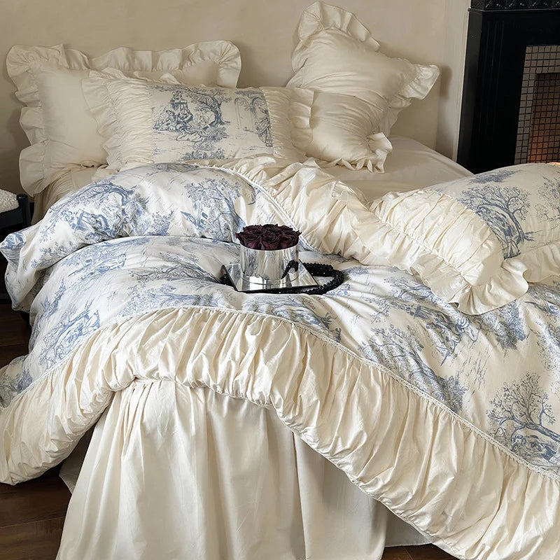 Duvet Cover Set Cotton Blend Toile & Ruffles