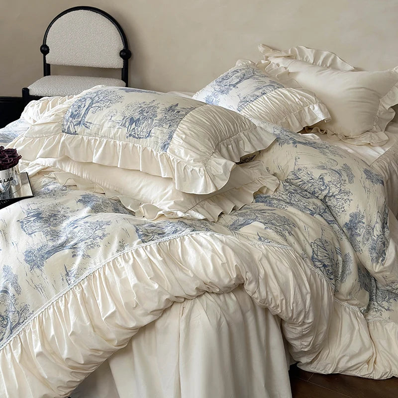 Duvet Cover Set Cotton Blend Toile & Ruffles