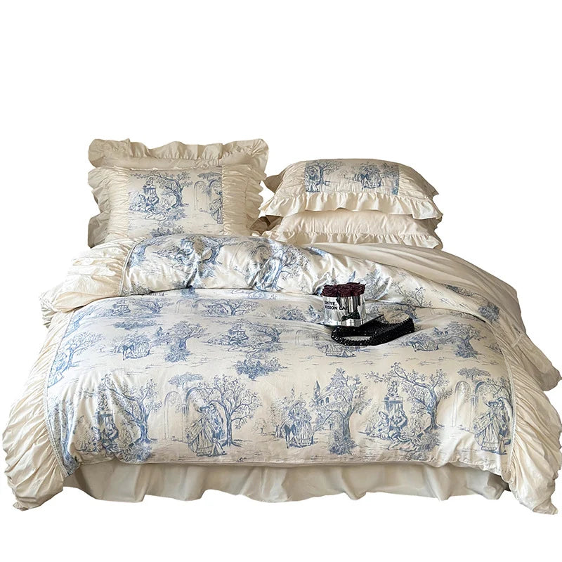 Duvet Cover Set Cotton Blend Toile & Ruffles