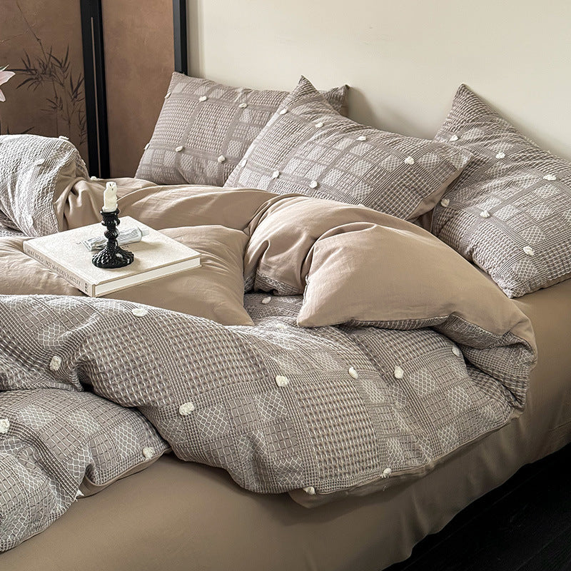 Duvet Cover Set Cotton Blend Waffle & Pompom Trim