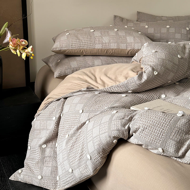Duvet Cover Set Cotton Blend Waffle & Pompom Trim