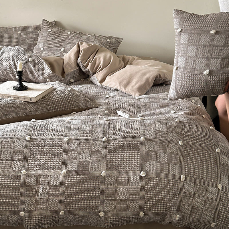 Duvet Cover Set Cotton Blend Waffle & Pompom Trim