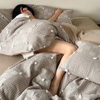 Duvet Cover Set Cotton Blend Waffle & Pompom Trim