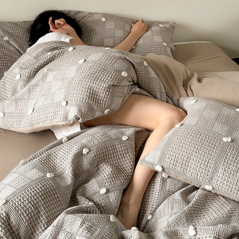 Duvet Cover Set Cotton Blend Waffle & Pompom Trim