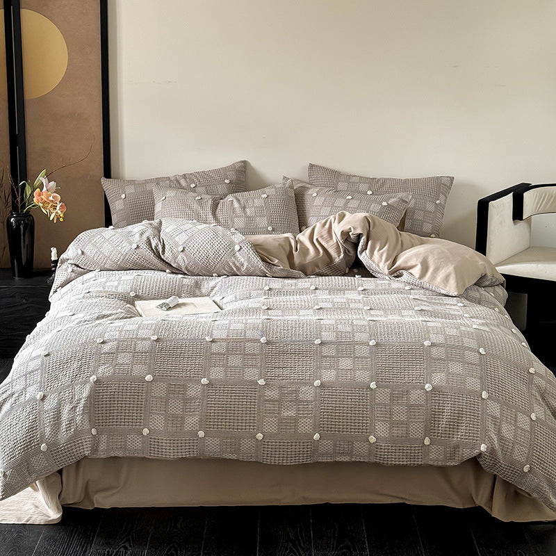 Duvet Cover Set Cotton Blend Waffle & Pompom Trim