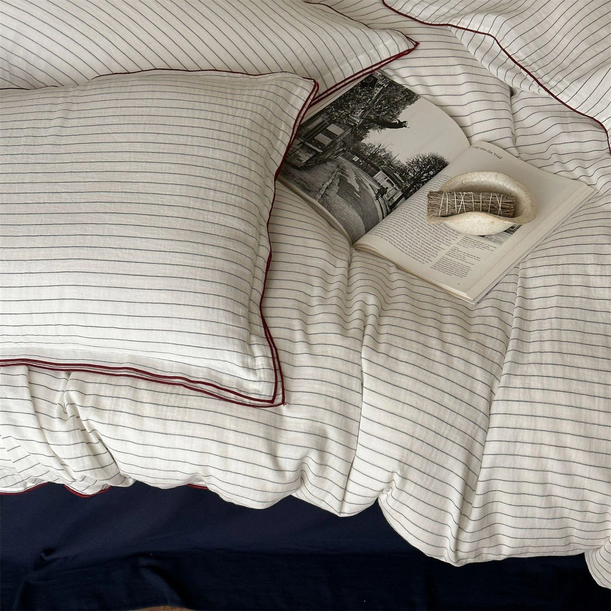 Duvet Cover Set Cotton Fine Stripes & Contrast Piping