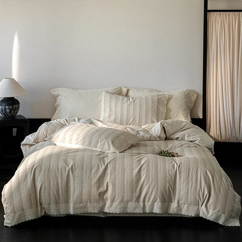 Duvet Cover Set Cotton-Linen Blend Breathable Lace Hem