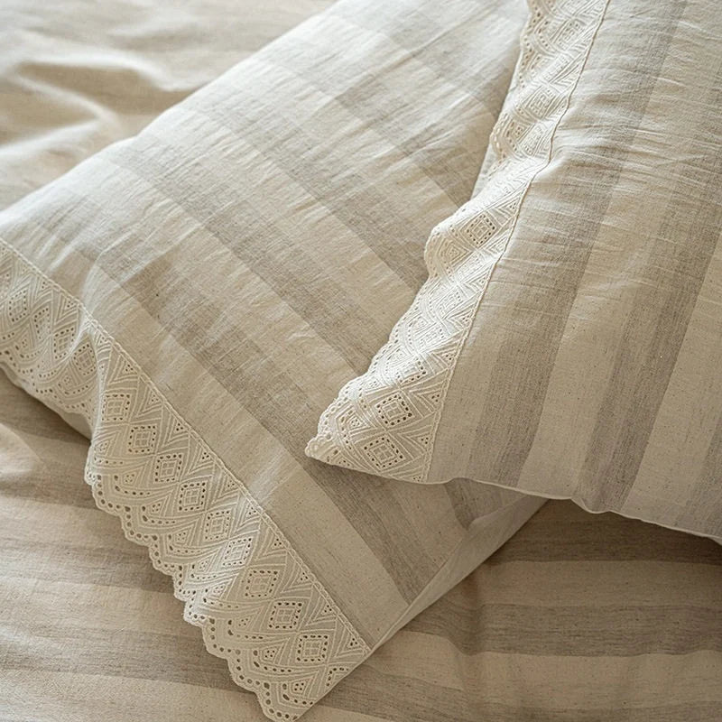 Duvet Cover Set Cotton-Linen Blend Breathable Lace Hem