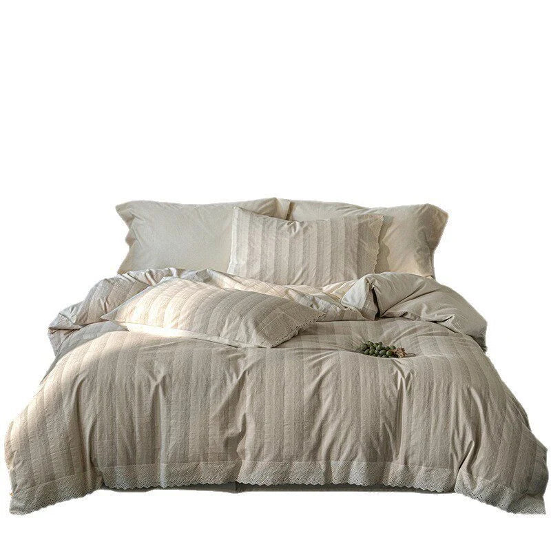 Duvet Cover Set Cotton-Linen Blend Breathable Lace Hem