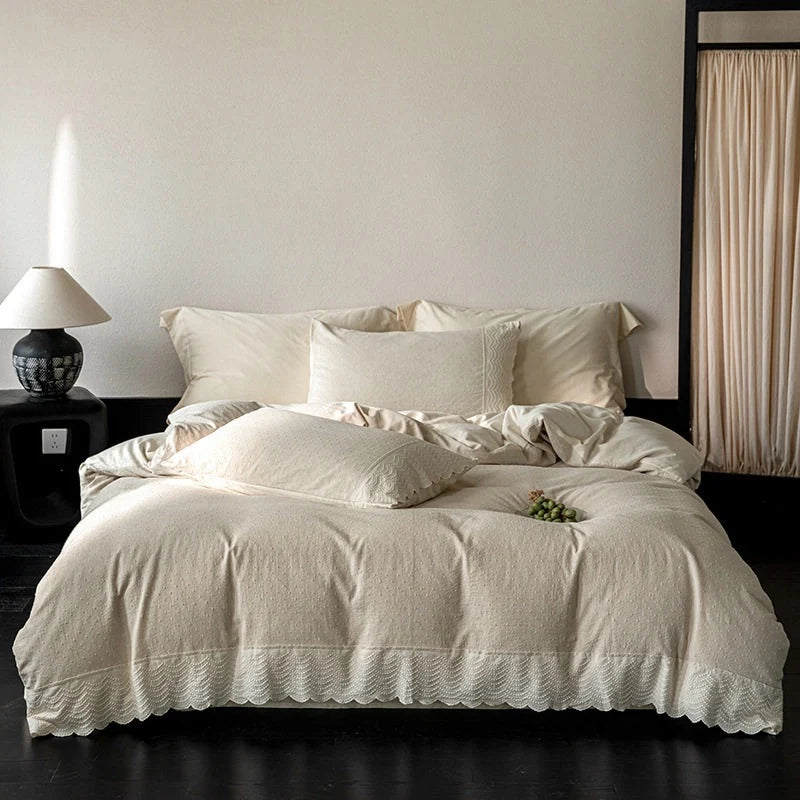 Duvet Cover Set Cotton-Linen Blend Breathable Lace Hem